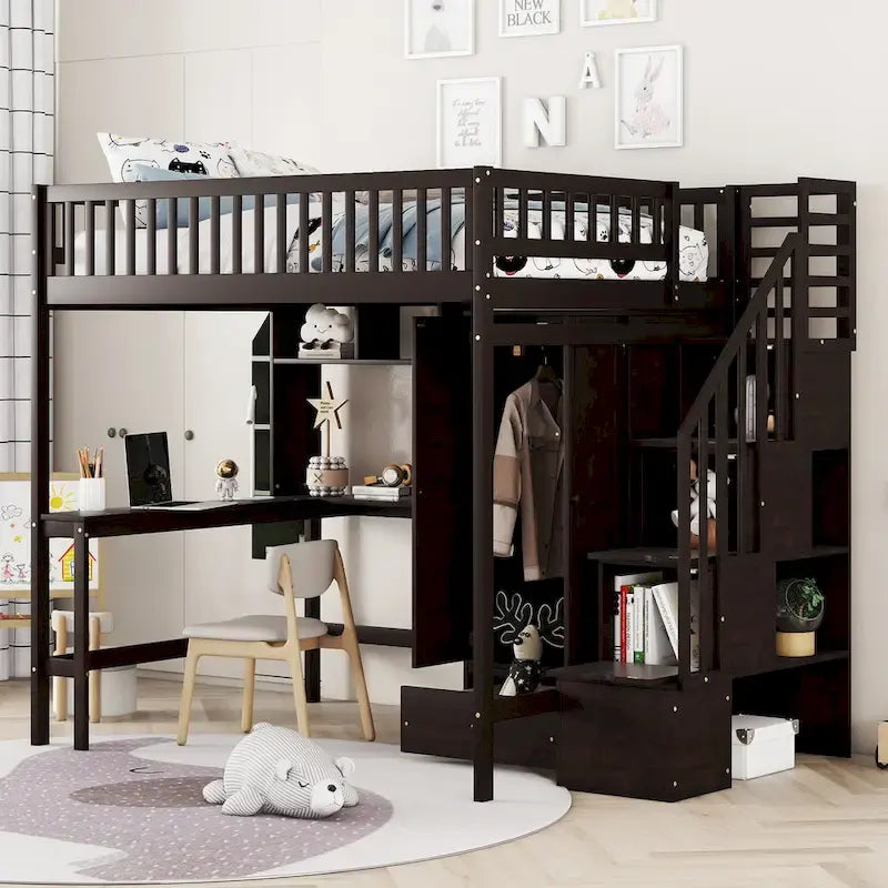 Lit mezzanine pleine taille avec bureau, armoire, étagères ouvertes et tiroirs d'escalier blanc