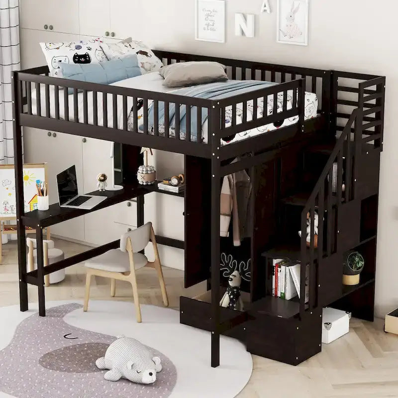 Lit mezzanine pleine taille avec bureau, armoire, étagères ouvertes et tiroirs d'escalier blanc