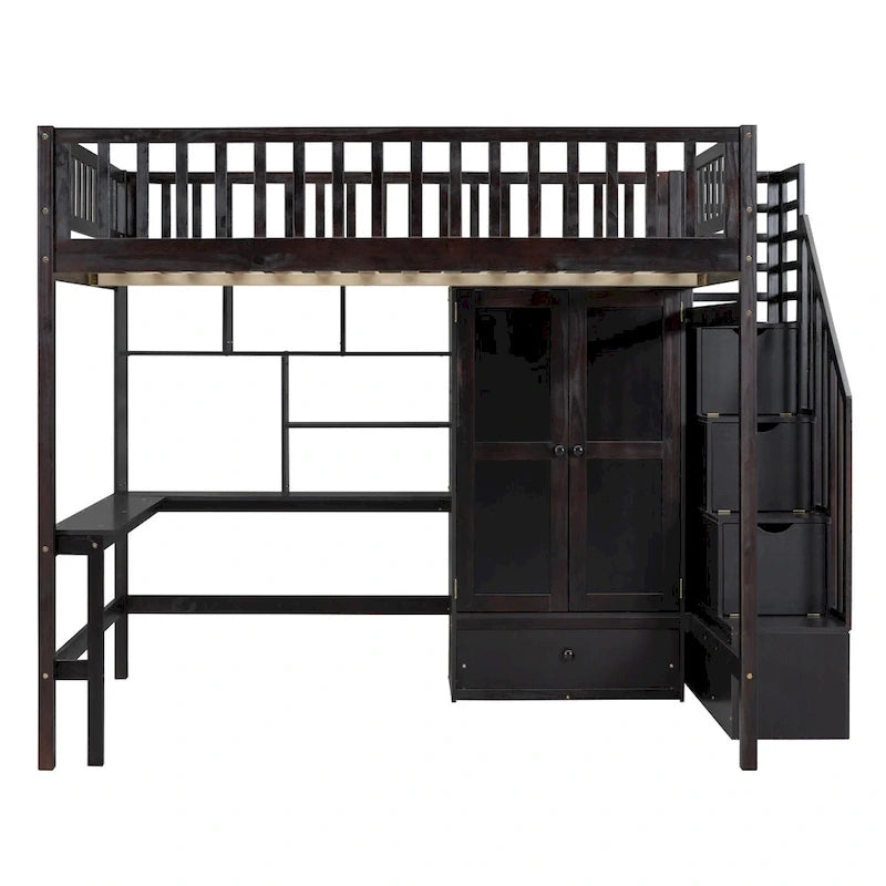 Lit mezzanine pleine taille avec bureau, armoire, étagères ouvertes et tiroirs d'escalier blanc