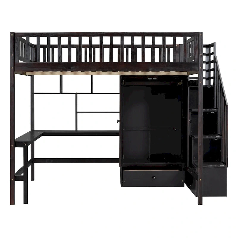 Lit mezzanine pleine taille avec bureau, armoire, étagères ouvertes et tiroirs d'escalier blanc