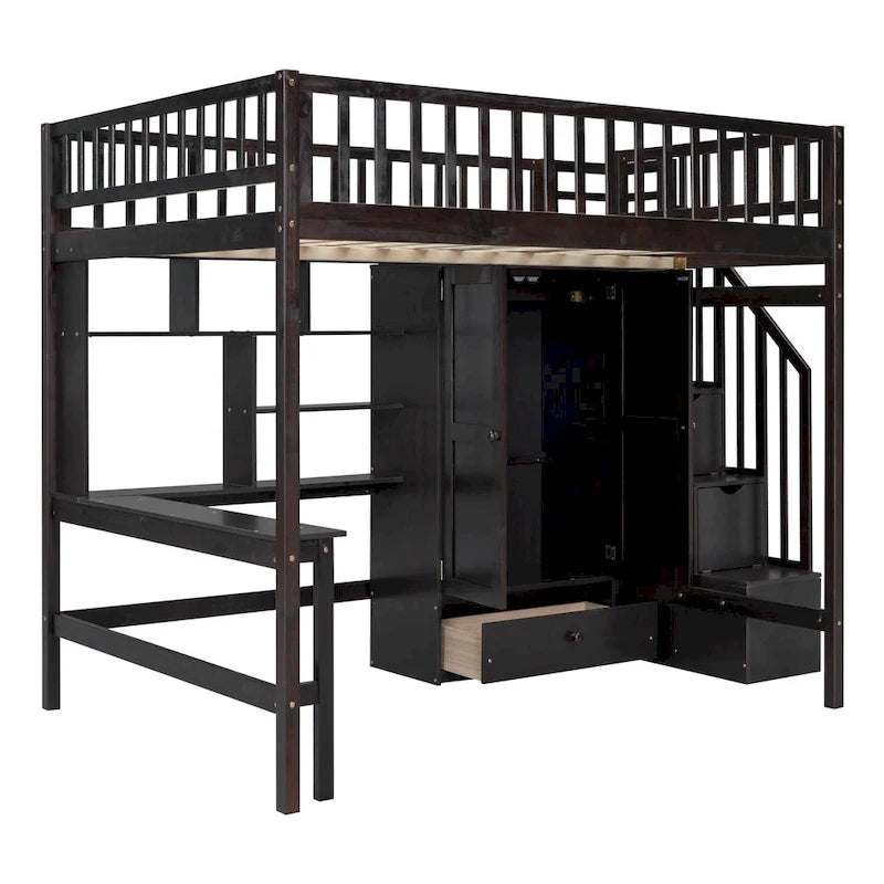 Lit mezzanine pleine taille avec bureau, armoire, étagères ouvertes et tiroirs d'escalier blanc