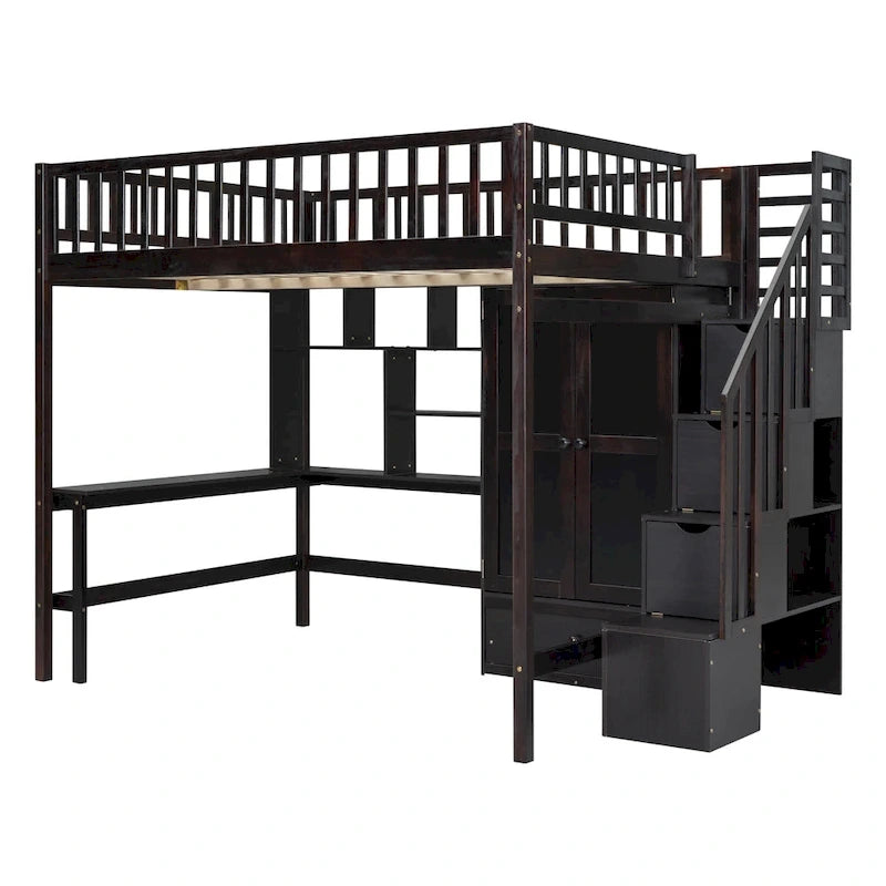 Lit mezzanine pleine taille avec bureau, armoire, étagères ouvertes et tiroirs d'escalier blanc