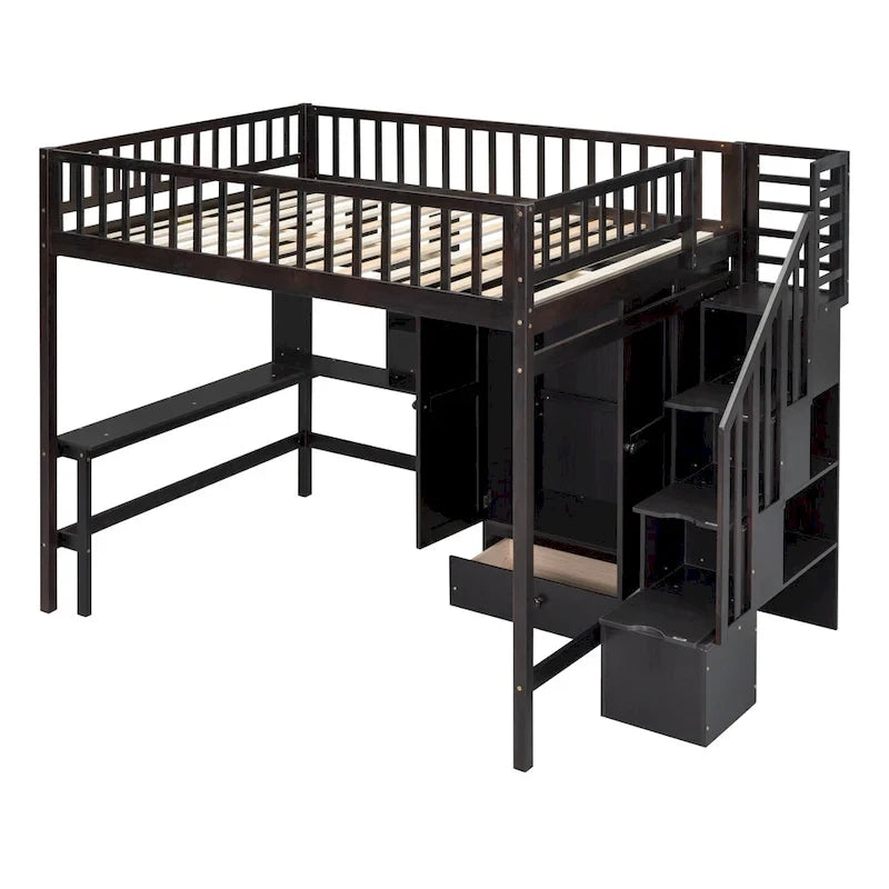 Lit mezzanine pleine taille avec bureau, armoire, étagères ouvertes et tiroirs d'escalier blanc