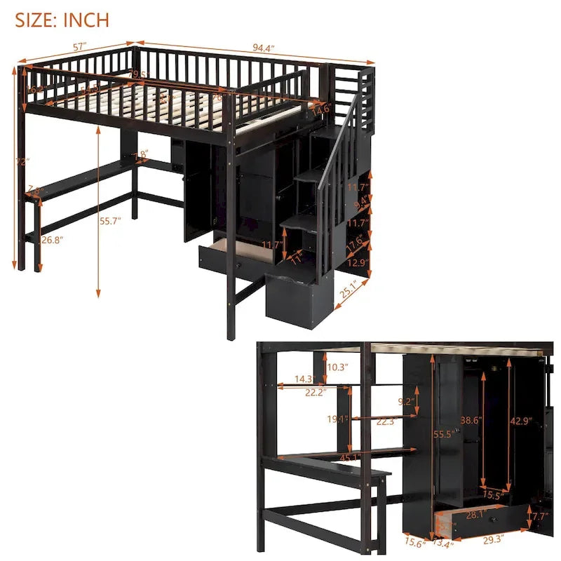 Lit mezzanine pleine taille avec bureau, armoire, étagères ouvertes et tiroirs d'escalier blanc