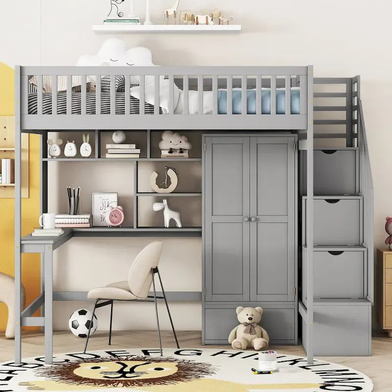 Lit mezzanine pleine taille avec bureau, armoire, étagères ouvertes et tiroirs d'escalier blanc