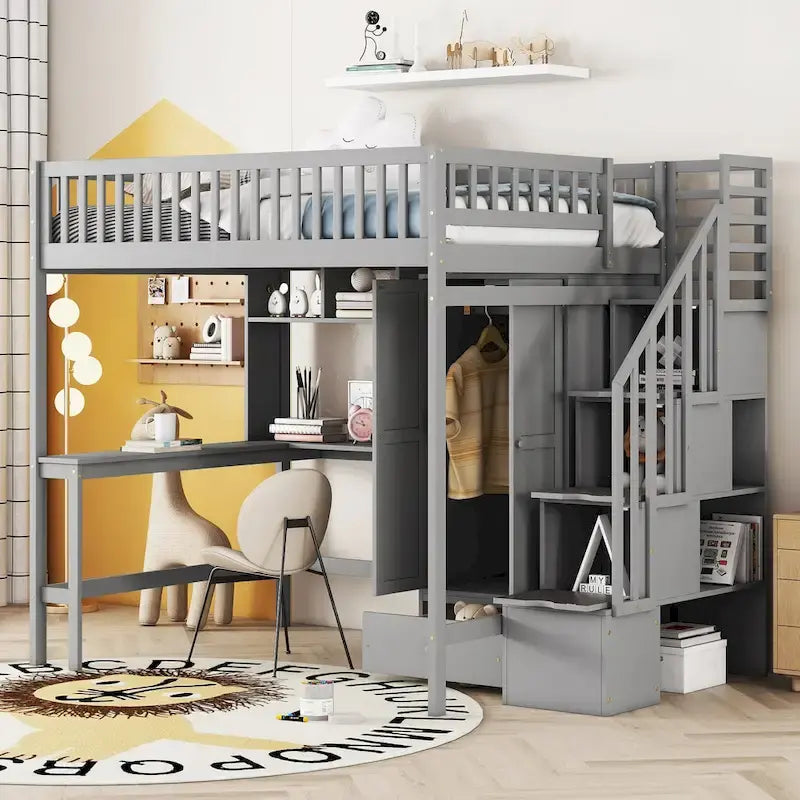 Lit mezzanine pleine taille avec bureau, armoire, étagères ouvertes et tiroirs d'escalier blanc