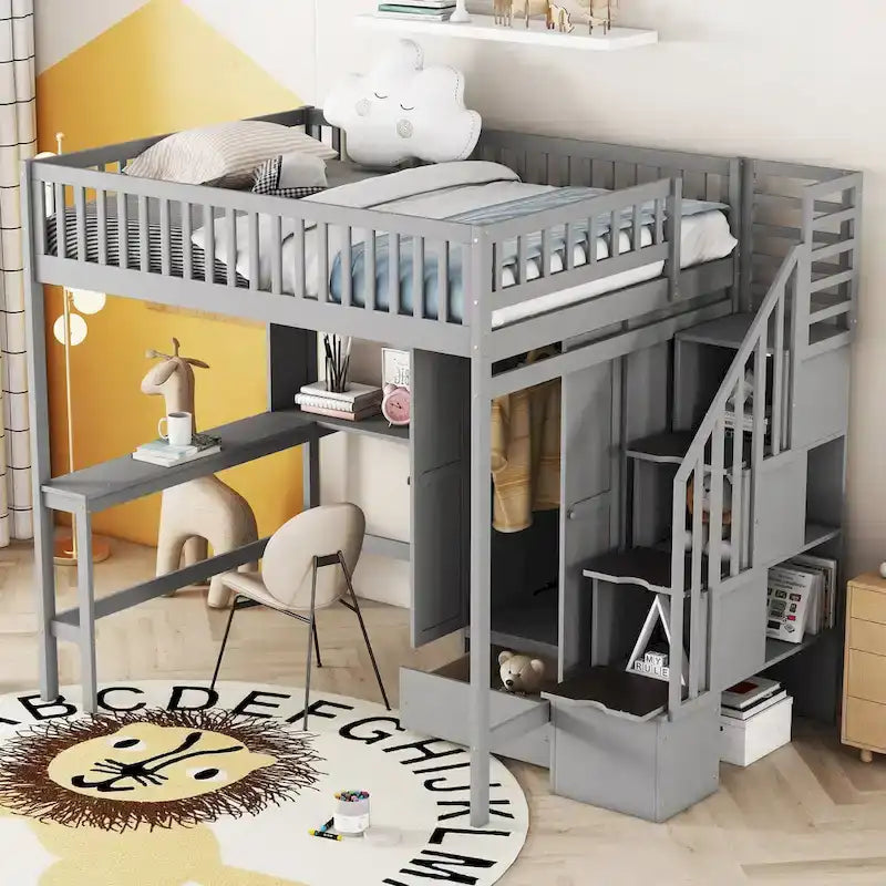 Lit mezzanine pleine taille avec bureau, armoire, étagères ouvertes et tiroirs d'escalier blanc
