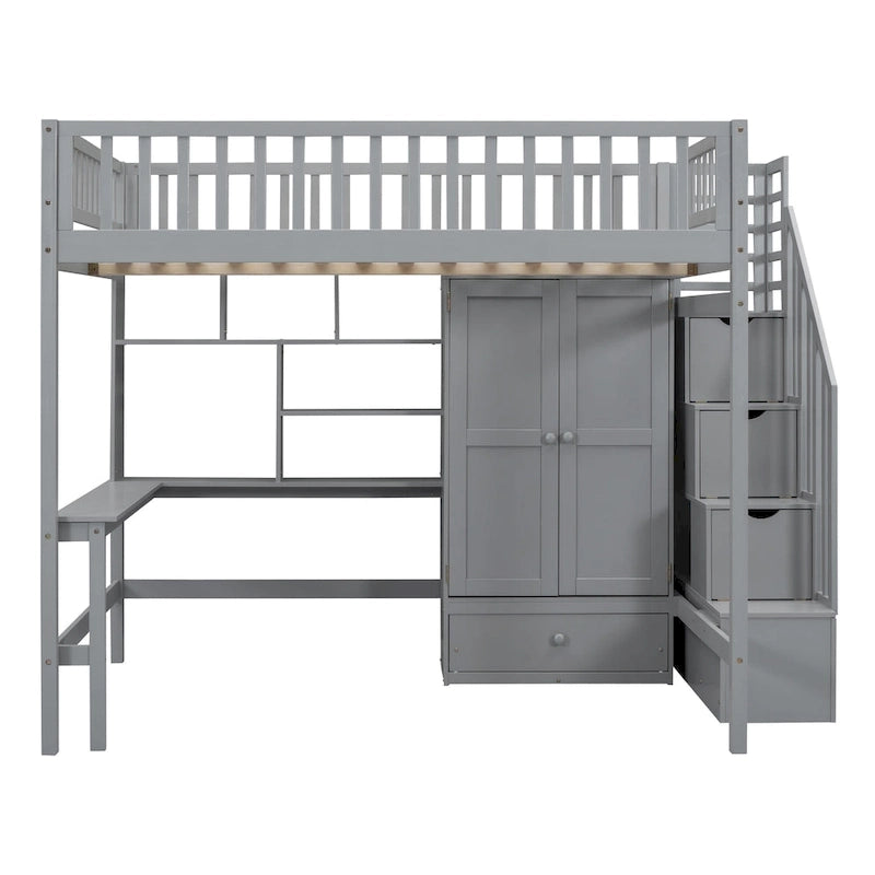 Lit mezzanine pleine taille avec bureau, armoire, étagères ouvertes et tiroirs d'escalier blanc