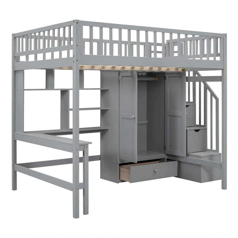 Lit mezzanine pleine taille avec bureau, armoire, étagères ouvertes et tiroirs d'escalier blanc
