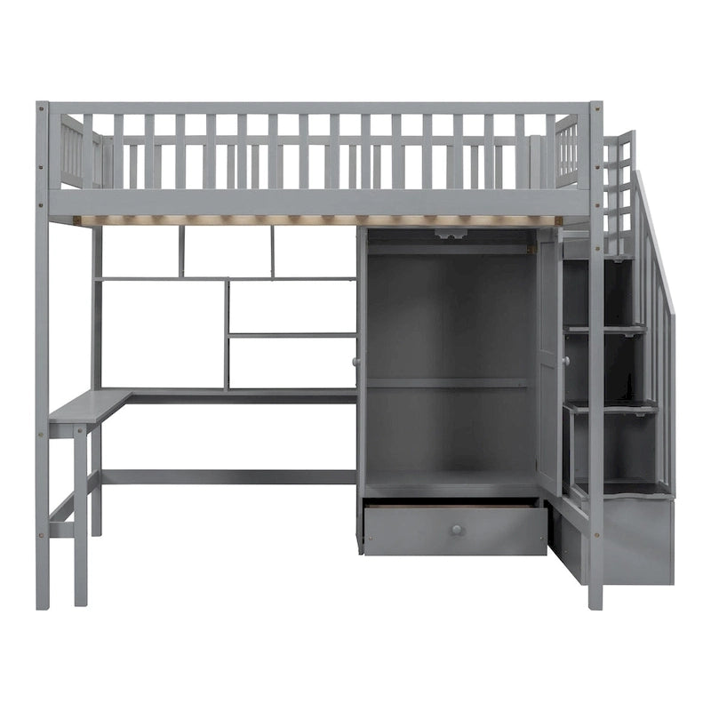 Lit mezzanine pleine taille avec bureau, armoire, étagères ouvertes et tiroirs d'escalier blanc