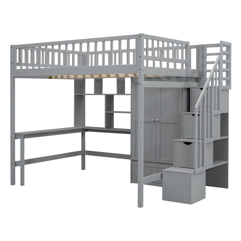Lit mezzanine pleine taille avec bureau, armoire, étagères ouvertes et tiroirs d'escalier blanc