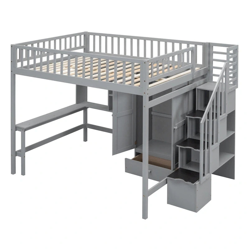 Lit mezzanine pleine taille avec bureau, armoire, étagères ouvertes et tiroirs d'escalier blanc