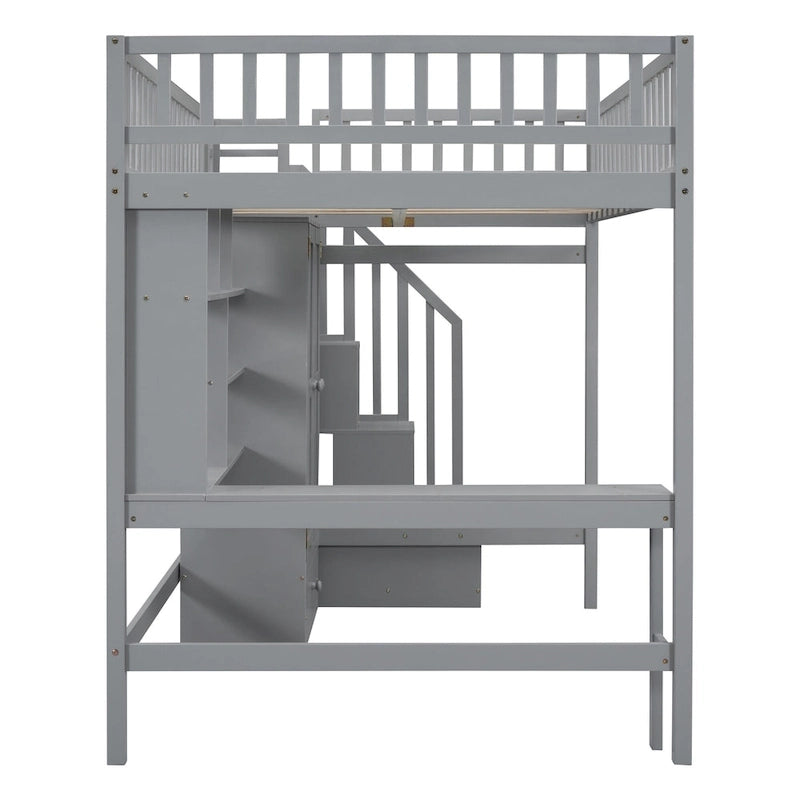 Lit mezzanine pleine taille avec bureau, armoire, étagères ouvertes et tiroirs d'escalier blanc