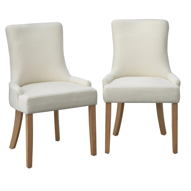 Chaise de salle à manger capitonnée à dossier haut avec tissu aspect lin et pieds en hévéa Crème