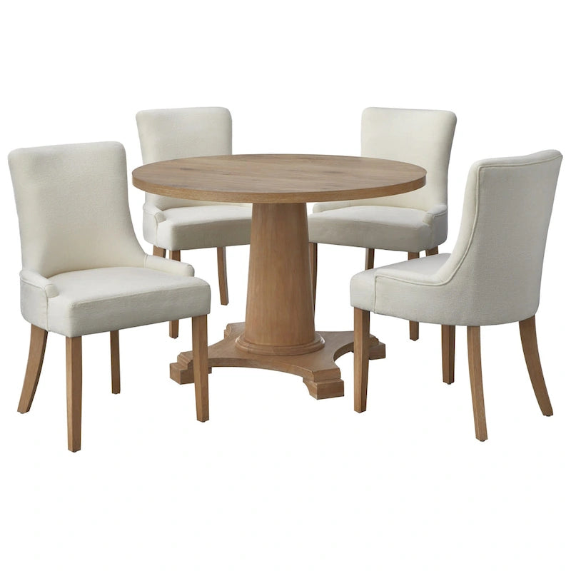 Chaise de salle à manger capitonnée à dossier haut avec tissu aspect lin et pieds en hévéa Crème