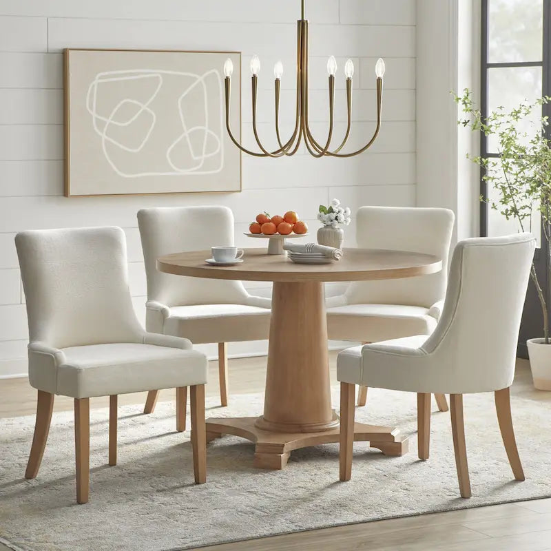 Chaise de salle à manger capitonnée à dossier haut avec tissu aspect lin et pieds en hévéa Crème