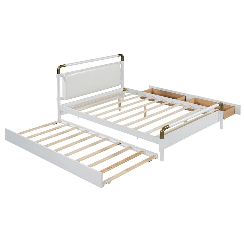 Lit plateforme grand format avec tête de lit en similicuir, montants en laiton courbés, 2 tiroirs de rangement et lit gigogne coulissant blanc