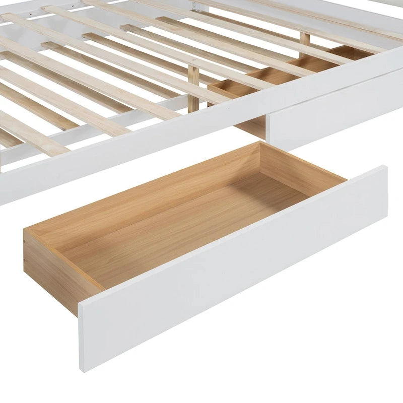 Lit plateforme grand format avec tête de lit en similicuir, montants en laiton courbés, 2 tiroirs de rangement et lit gigogne coulissant blanc