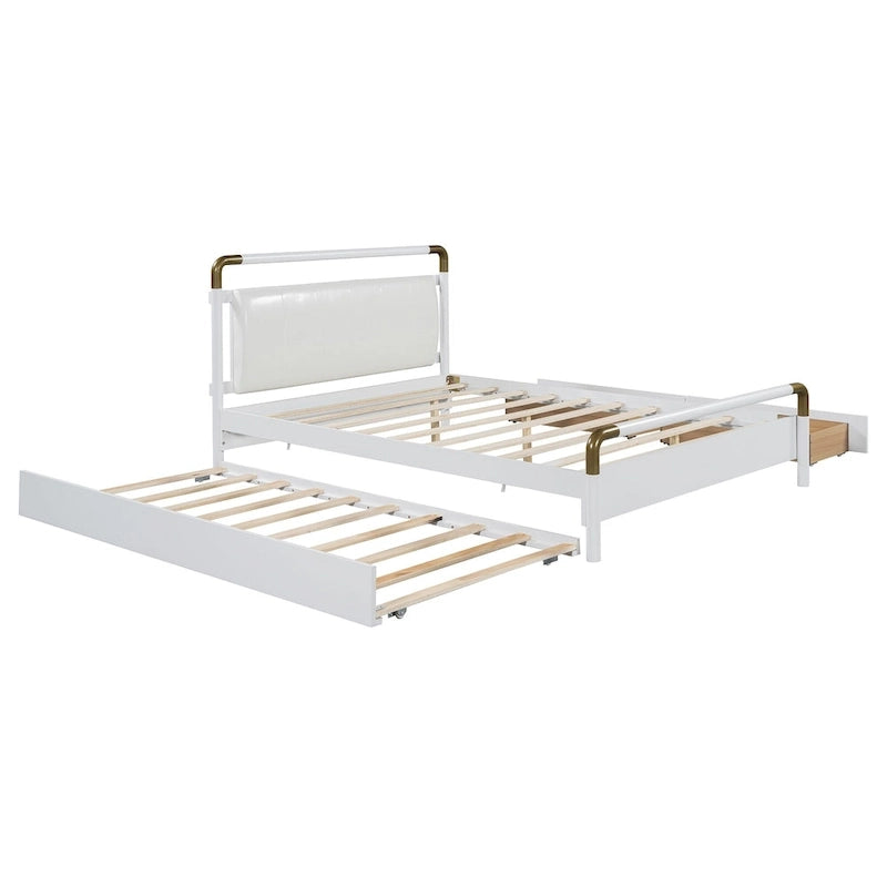 Lit plateforme grand format avec tête de lit en similicuir, montants en laiton courbés, 2 tiroirs de rangement et lit gigogne coulissant blanc