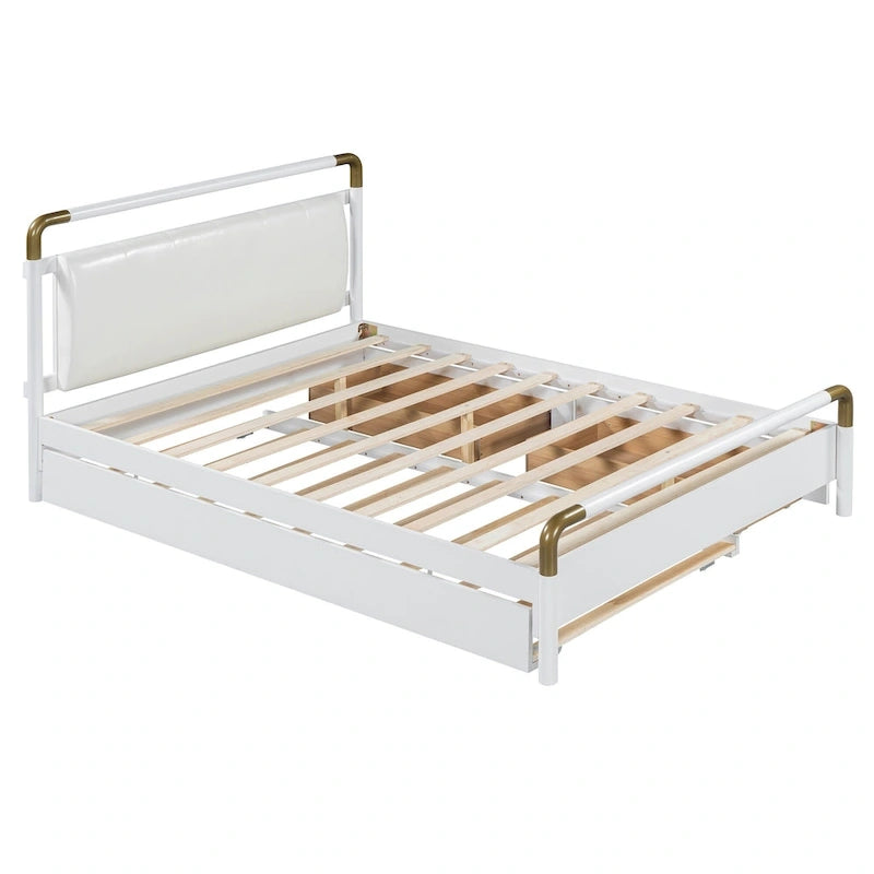 Lit plateforme grand format avec tête de lit en similicuir, montants en laiton courbés, 2 tiroirs de rangement et lit gigogne coulissant blanc