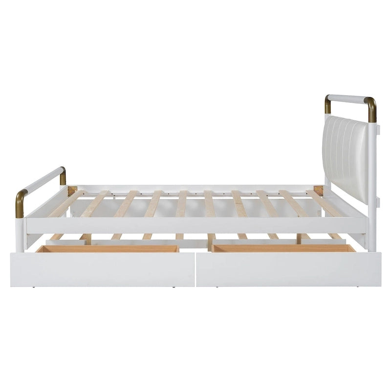 Lit plateforme grand format avec tête de lit en similicuir, montants en laiton courbés, 2 tiroirs de rangement et lit gigogne coulissant blanc