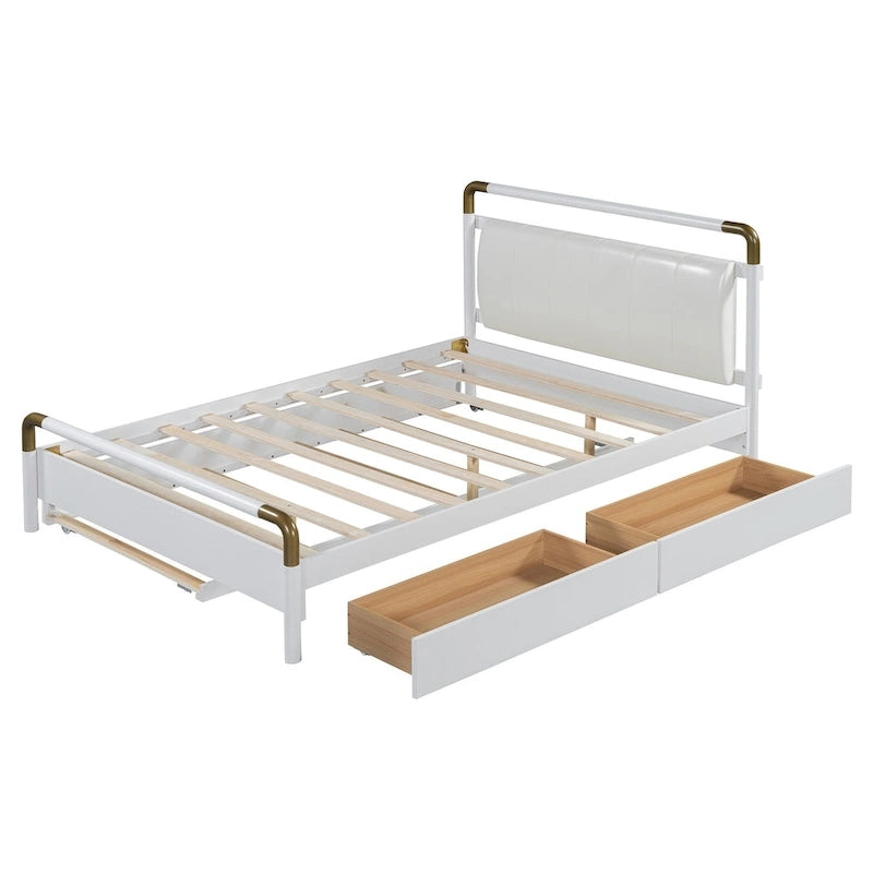 Lit plateforme grand format avec tête de lit en similicuir, montants en laiton courbés, 2 tiroirs de rangement et lit gigogne coulissant blanc