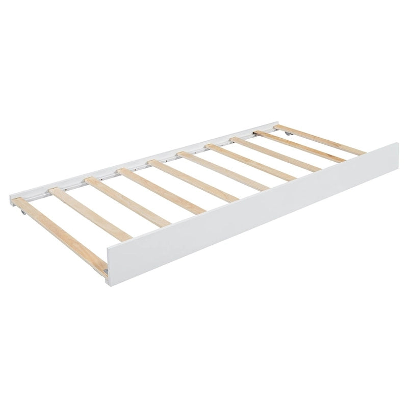 Lit plateforme grand format avec tête de lit en similicuir, montants en laiton courbés, 2 tiroirs de rangement et lit gigogne coulissant blanc