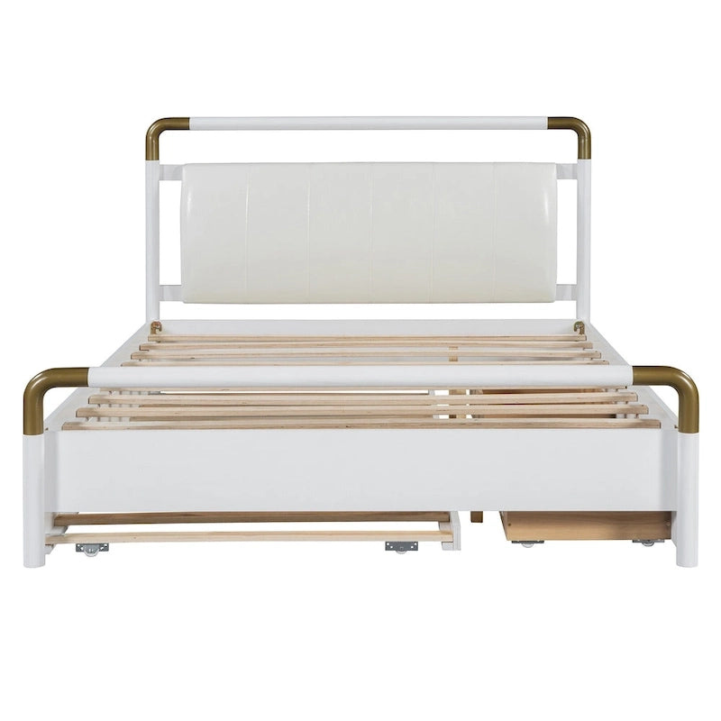 Lit plateforme grand format avec tête de lit en similicuir, montants en laiton courbés, 2 tiroirs de rangement et lit gigogne coulissant blanc