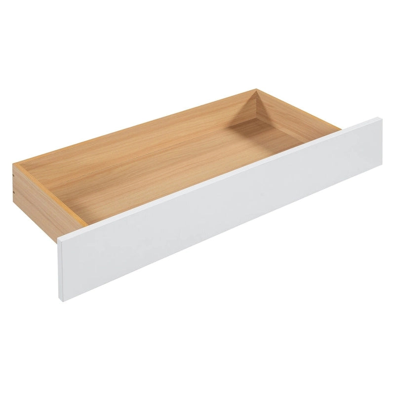 Lit plateforme grand format avec tête de lit en similicuir, montants en laiton courbés, 2 tiroirs de rangement et lit gigogne coulissant blanc