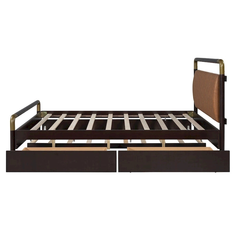 Lit plateforme grand format avec tête de lit en similicuir, montants en laiton courbés, 2 tiroirs de rangement et lit gigogne coulissant blanc