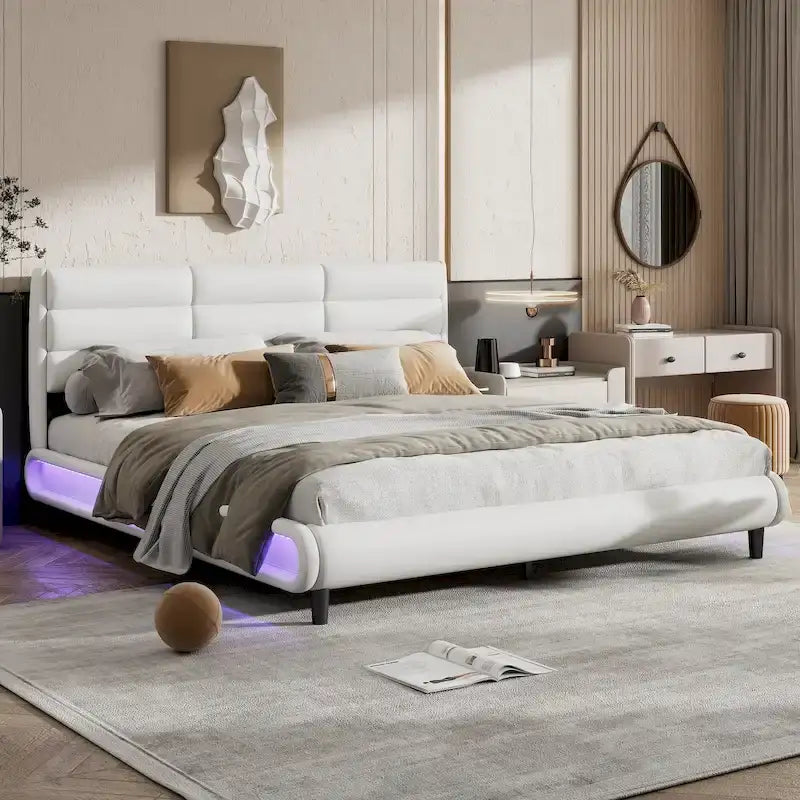 Lit plateforme rembourré en PU King Size avec bandes lumineuses LED RGB Beige