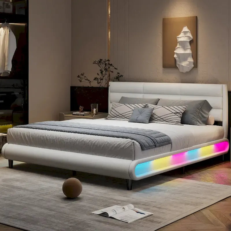 Lit plateforme rembourré en PU King Size avec bandes lumineuses LED RGB Beige