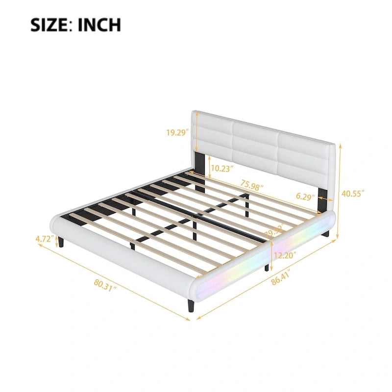 Lit plateforme rembourré en PU King Size avec bandes lumineuses LED RGB Beige