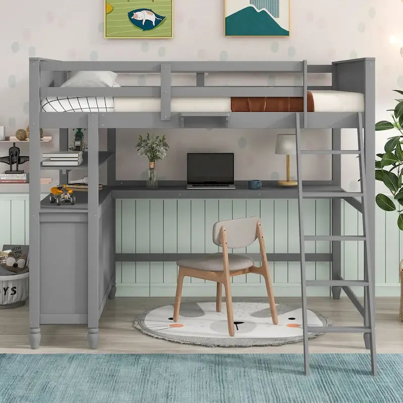 Lit mezzanine pleine grandeur avec bureau intégré, étagères et tiroirs en pin massif gris