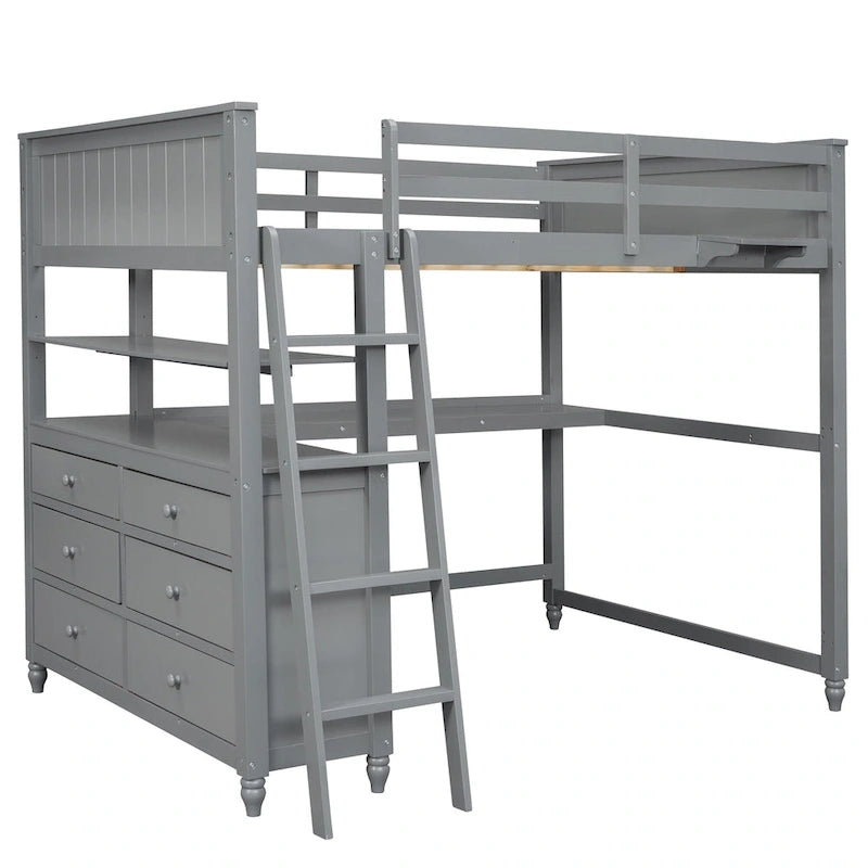 Lit mezzanine pleine grandeur avec bureau intégré, étagères et tiroirs en pin massif gris