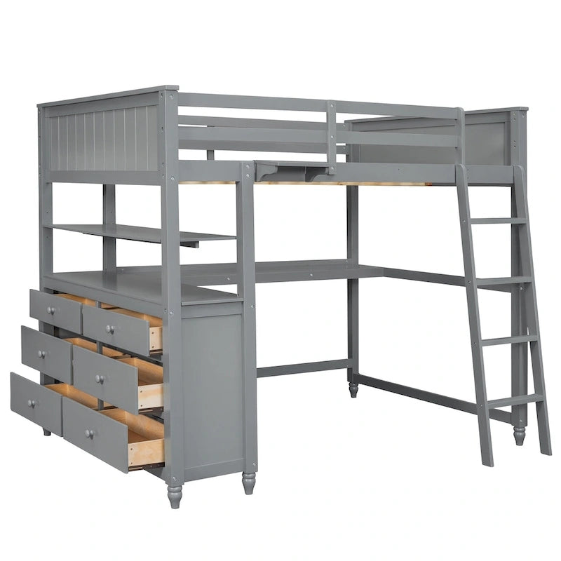 Lit mezzanine pleine grandeur avec bureau intégré, étagères et tiroirs en pin massif gris