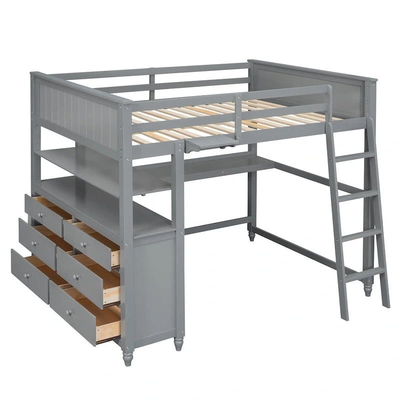 Lit mezzanine pleine grandeur avec bureau intégré, étagères et tiroirs en pin massif gris