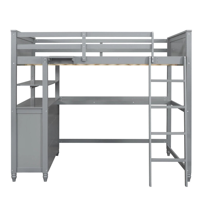 Lit mezzanine pleine grandeur avec bureau intégré, étagères et tiroirs en pin massif gris