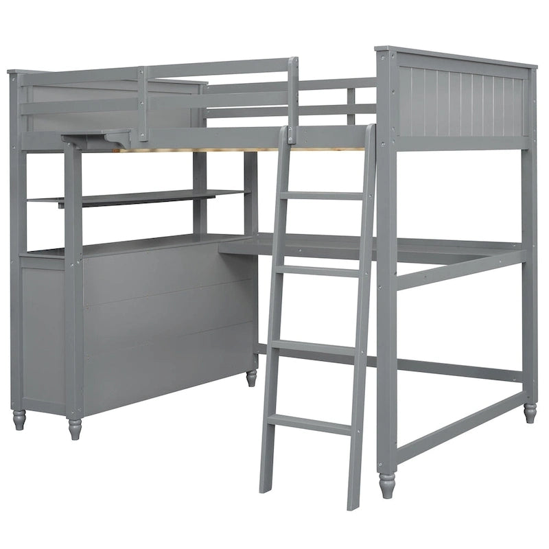 Lit mezzanine pleine grandeur avec bureau intégré, étagères et tiroirs en pin massif gris