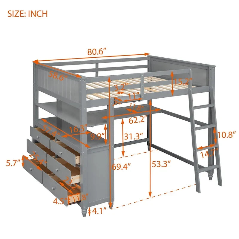 Lit mezzanine pleine grandeur avec bureau intégré, étagères et tiroirs en pin massif gris