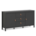 Buffet scandinave 2 portes avec 3 tiroirs centraux, poignées en cuir et étagères réglables blanc