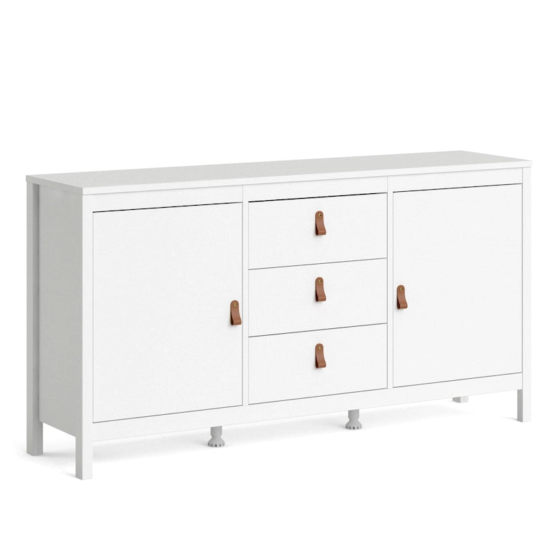 Buffet scandinave 2 portes avec 3 tiroirs centraux, poignées en cuir et étagères réglables blanc