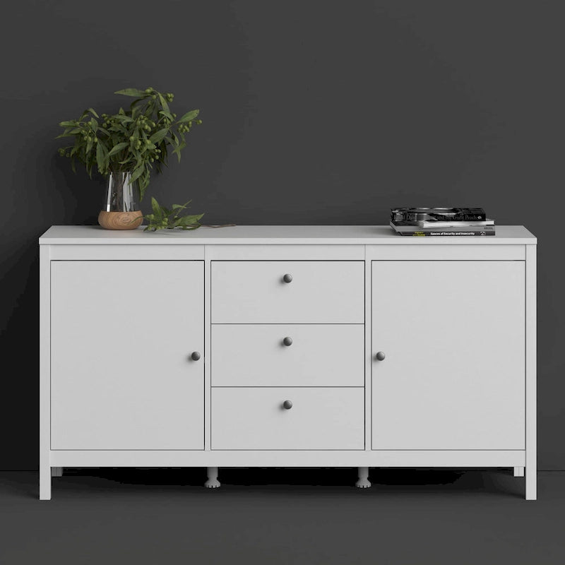 Buffet scandinave 2 portes avec 3 tiroirs centraux, poignées en cuir et étagères réglables blanc