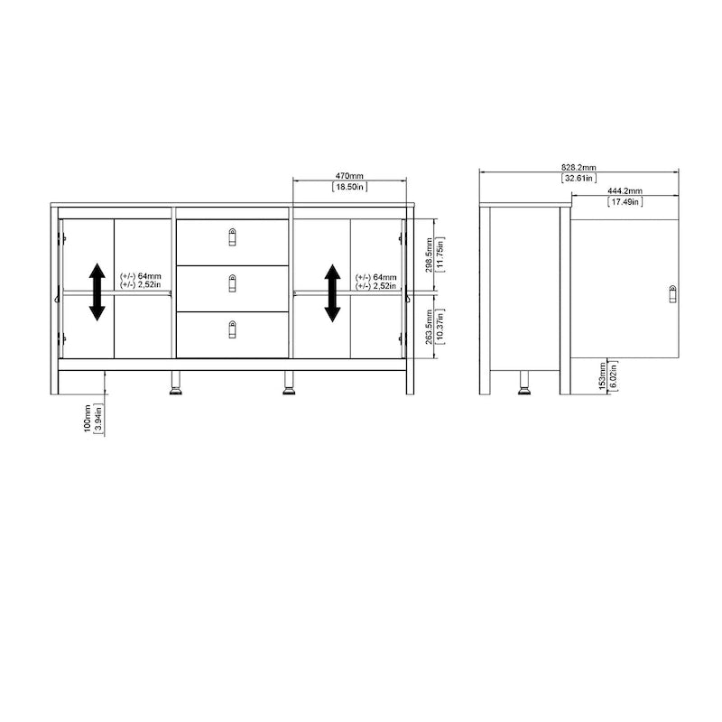 Buffet scandinave 2 portes avec 3 tiroirs centraux, poignées en cuir et étagères réglables blanc