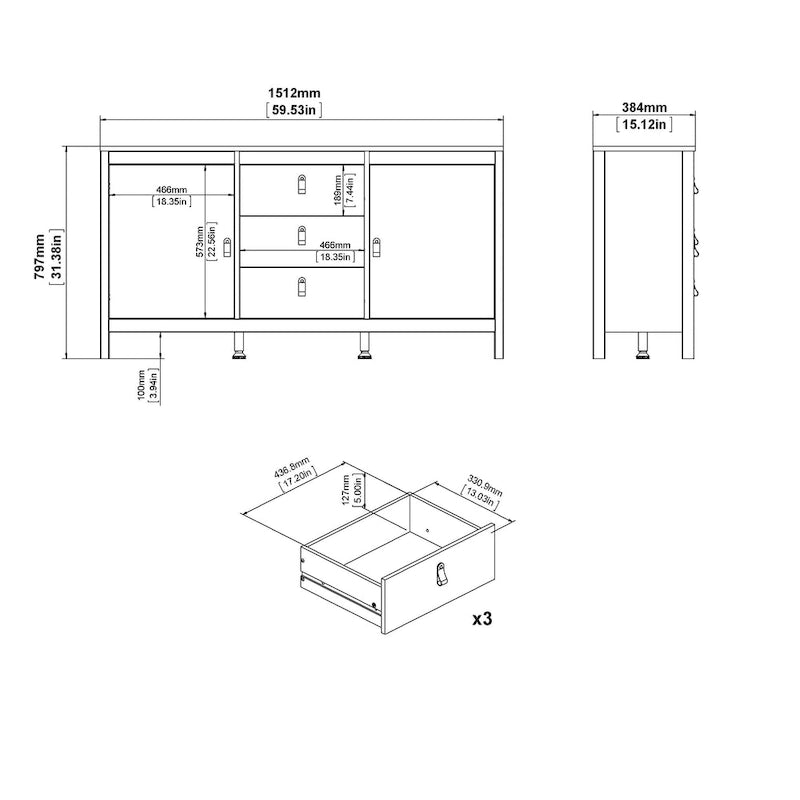 Buffet scandinave 2 portes avec 3 tiroirs centraux, poignées en cuir et étagères réglables blanc
