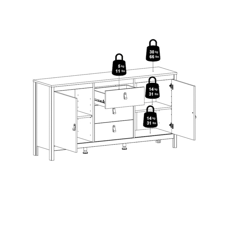 Buffet scandinave 2 portes avec 3 tiroirs centraux, poignées en cuir et étagères réglables blanc