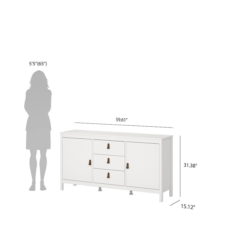 Buffet scandinave 2 portes avec 3 tiroirs centraux, poignées en cuir et étagères réglables blanc