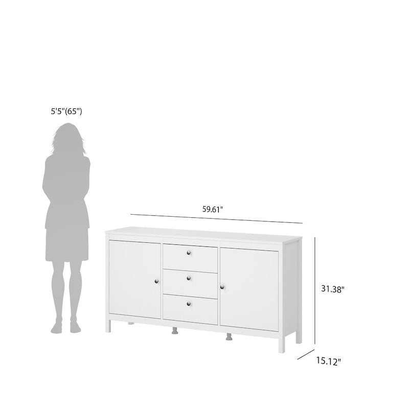 Buffet scandinave 2 portes avec 3 tiroirs centraux, poignées en cuir et étagères réglables blanc