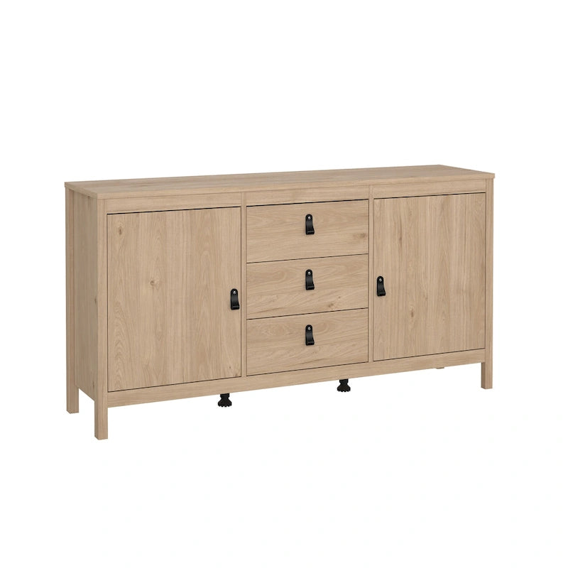 Buffet scandinave 2 portes avec 3 tiroirs centraux, poignées en cuir et étagères réglables blanc