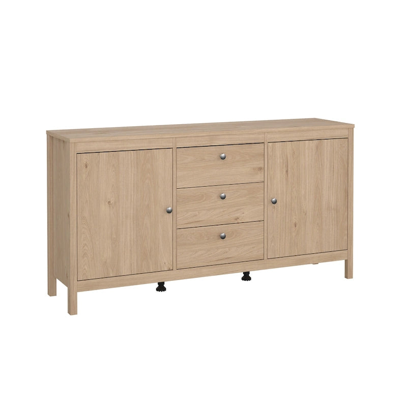 Buffet scandinave 2 portes avec 3 tiroirs centraux, poignées en cuir et étagères réglables blanc